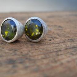 rustic olive green cubic zirconia stud earrings